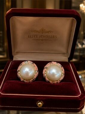 Donald Stannard Vintage Pearl Coral & Gold Enamel Earrings Janis Paige Estate